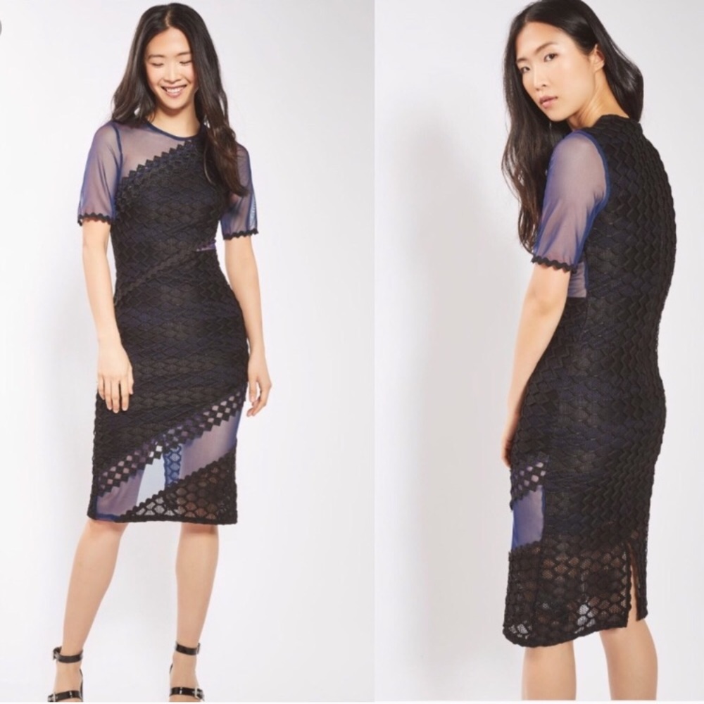 Topshop mesh navy and black midi dress